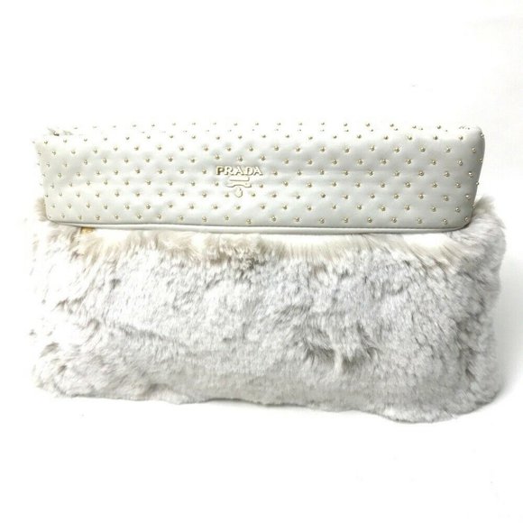 PRADA Party bag Clutch bag fur / Leather Off-White - Picture 1 of 6